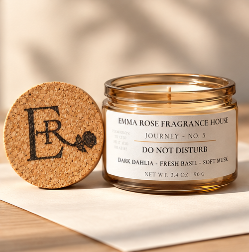 Do Not Disturb 3.4 oz amber glass travel candle with branded cork lid by Emma Rose Fragrance House