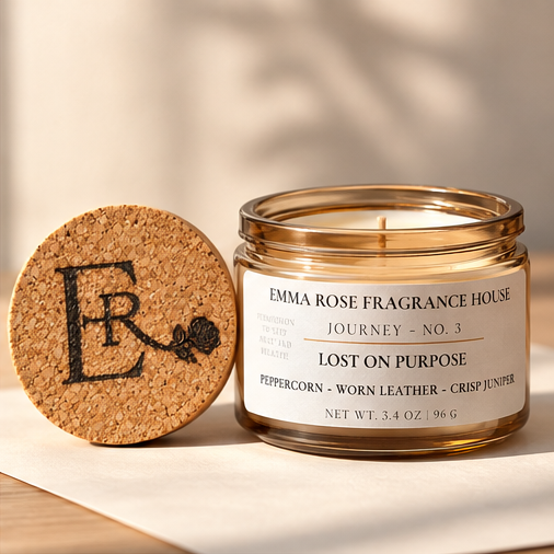 Lost on Purpose 3.4 oz amber glass travel candle with branded cork lid by Emma Rose Fragrance House