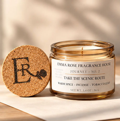 Take the Scenic Route 3.4 oz amber glass travel candle with branded cork lid by Emma Rose Fragrance House