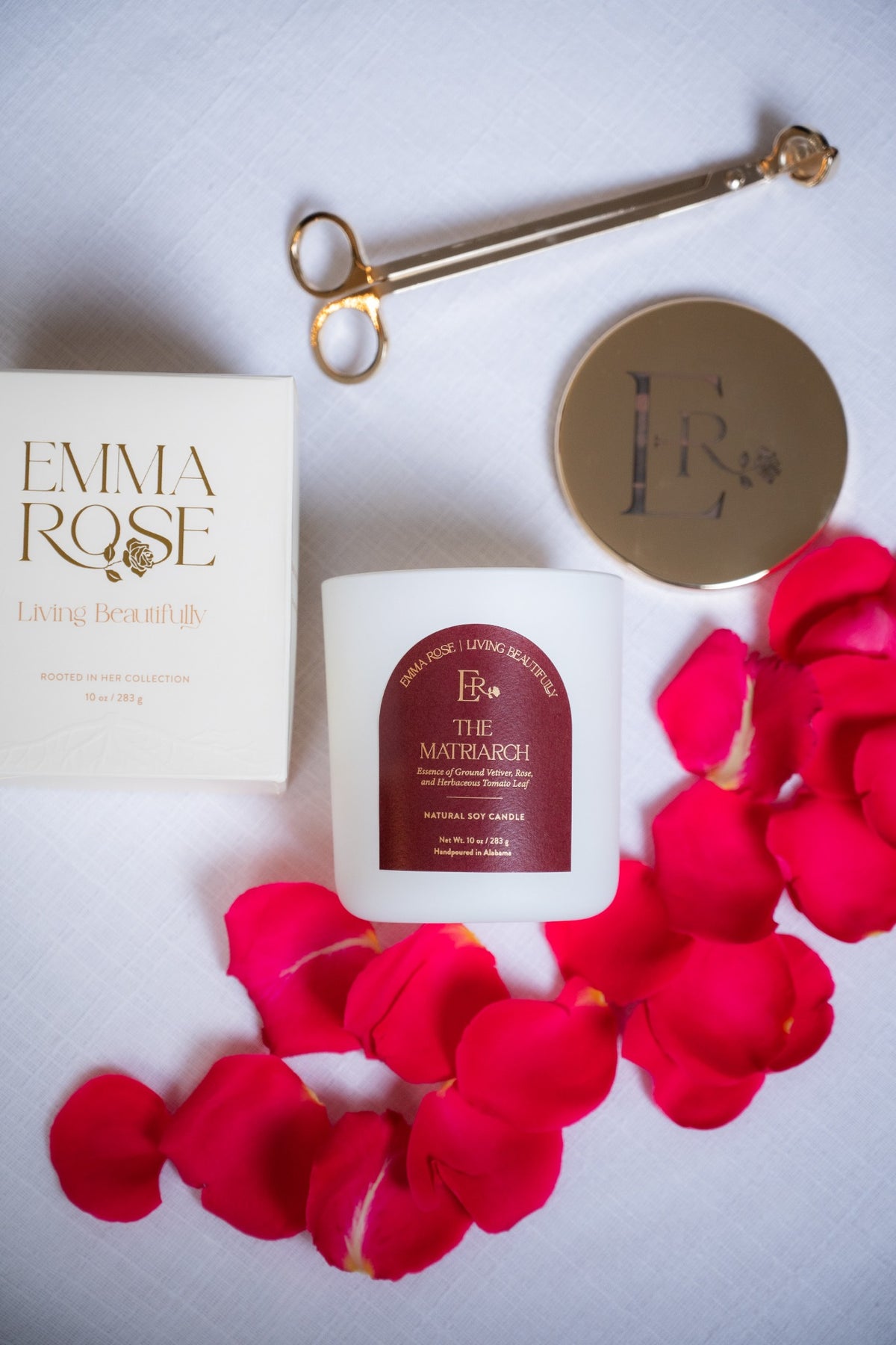 The Matriarch candle with rose petals, Emma Rose gift box and engraved lid